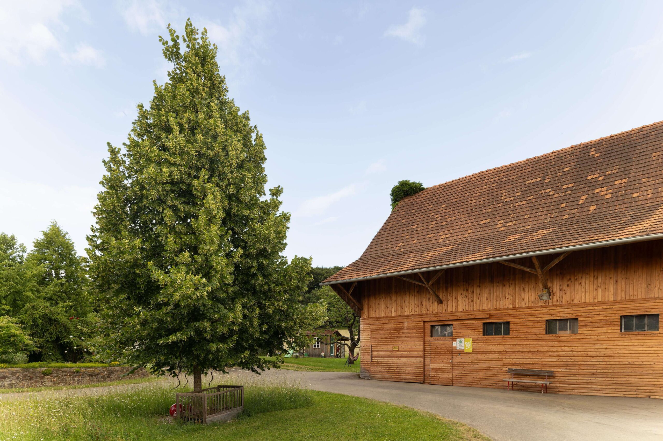 Sehr schöner Innenhof mit Lindenbaum und Nebengebäude auf einem Bauernhof