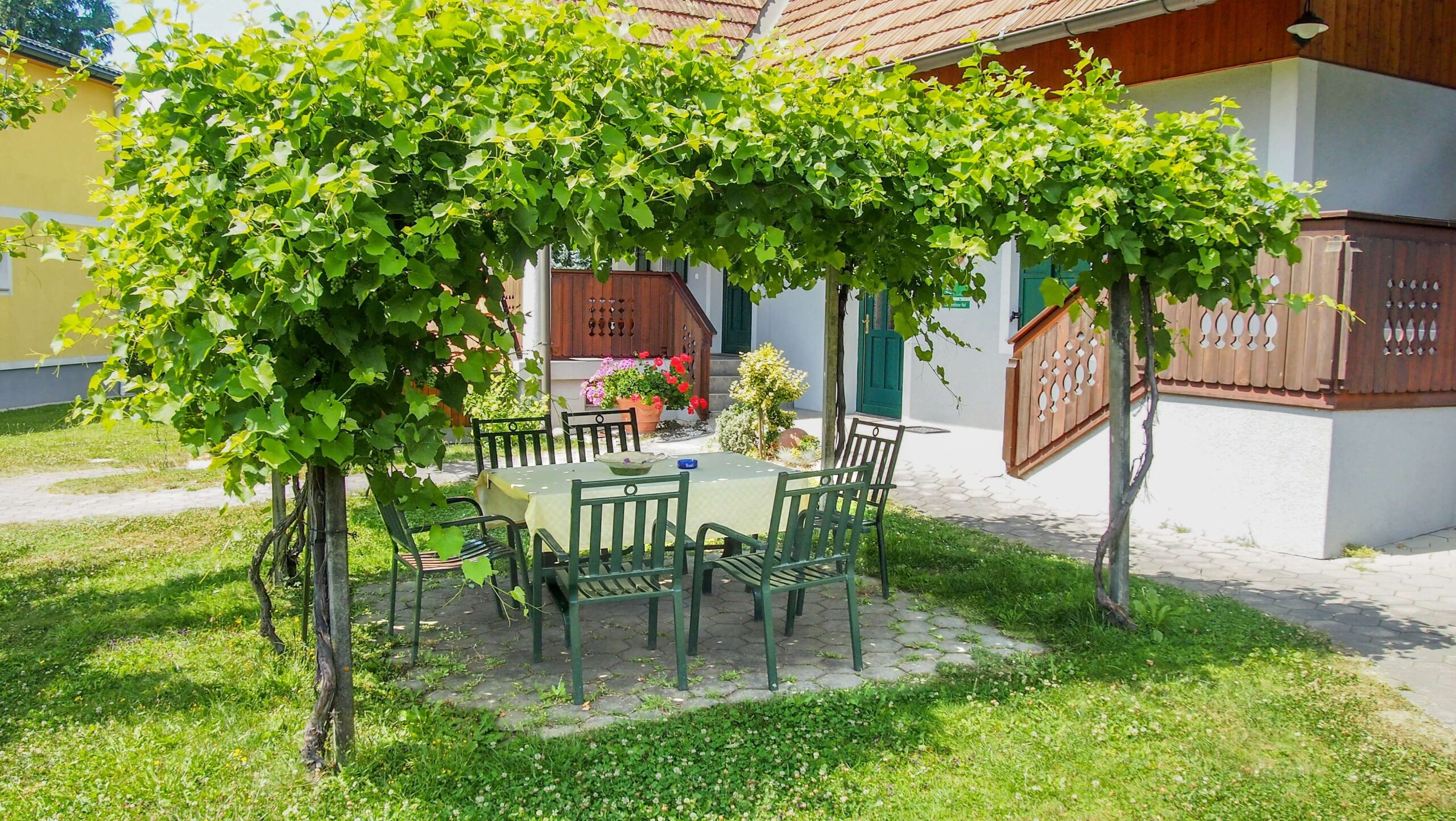Ein gemütlicher sonniger Platz unter einer dichten Weinlaube mit Tisch und Stühlen vor dem Ferienhaus